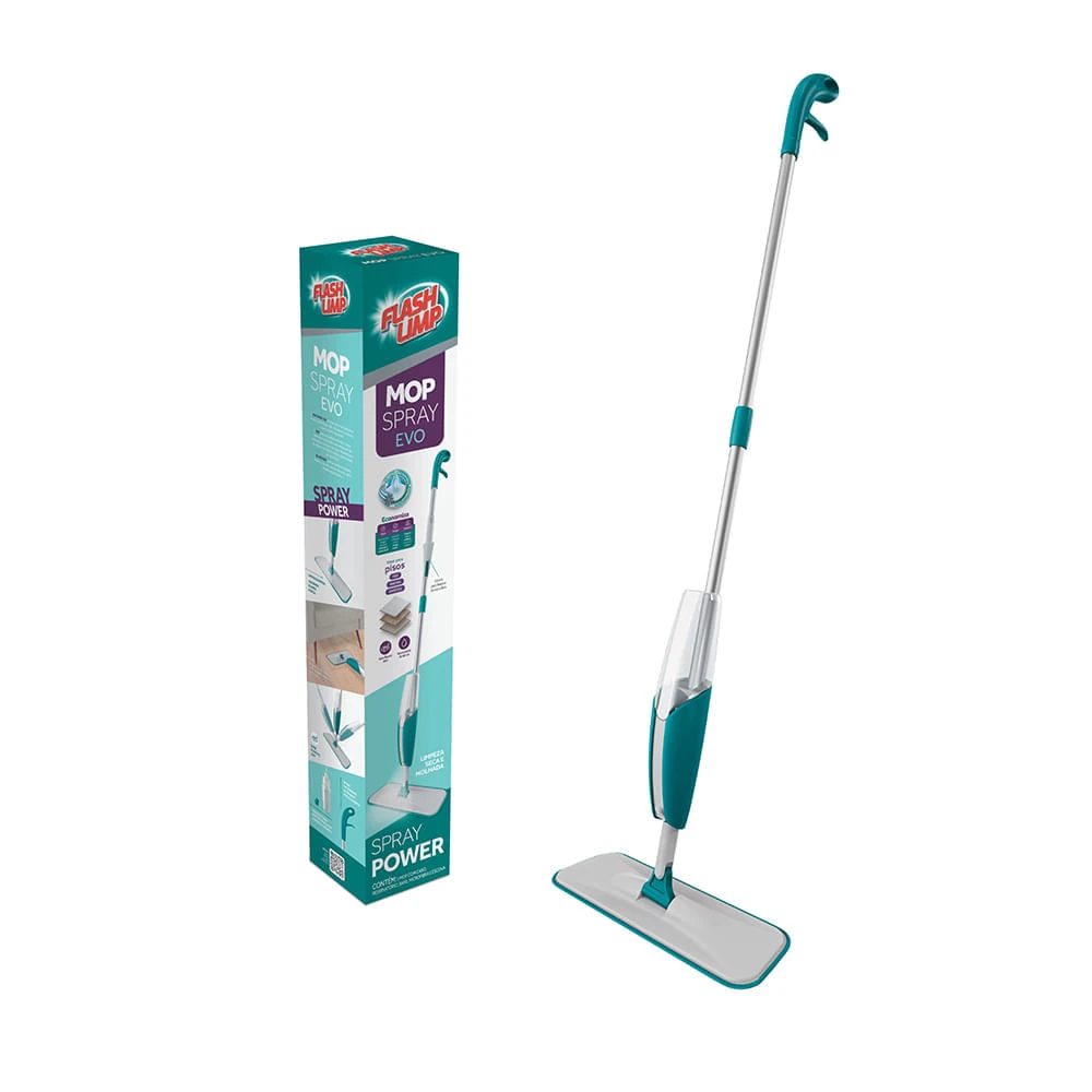 Mop Spray Flash Limp MOP7801 montado, com reservatório de 450 ml, ao lado da embalagem original