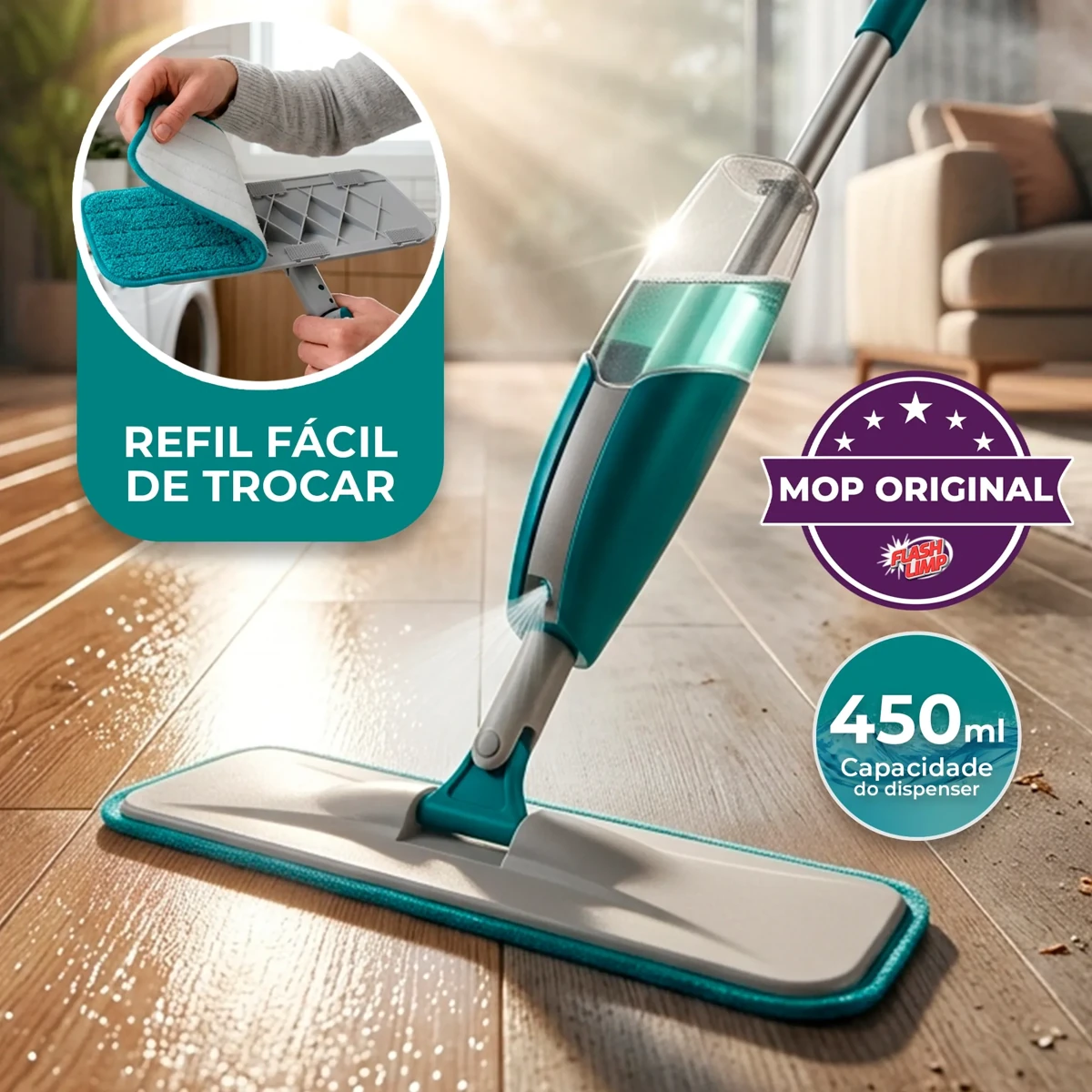 Foto oficial do modelo MOP7801 destacando o refil removível e a capacidade de 450 ml do dispenser