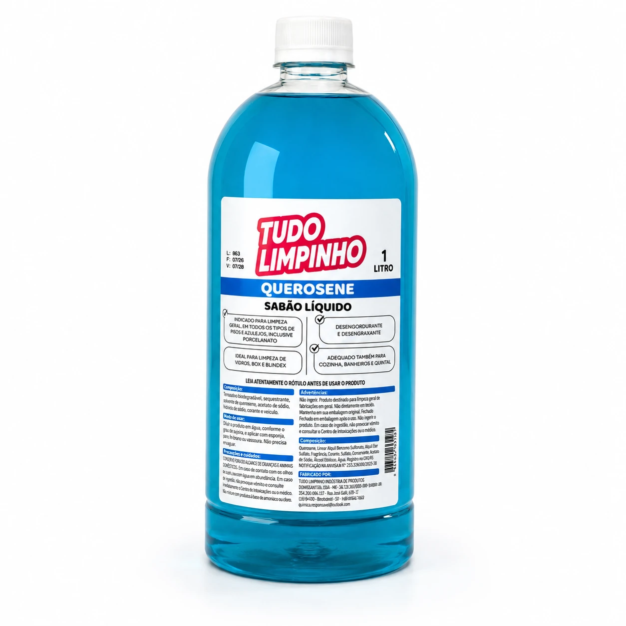 Embalagem oficial do Sabão Líquido de Querosene Tudo Limpinho 1 litro, líquido azul e tampa branca