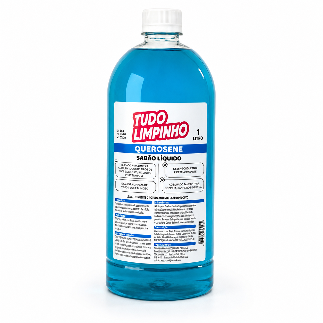 Embalagem oficial do Sabão Líquido de Querosene Tudo Limpinho 1 litro, líquido azul e tampa branca